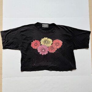 VINTAGE / Bonjour / Black T-Shirt with Floral Graphics / Size S/M